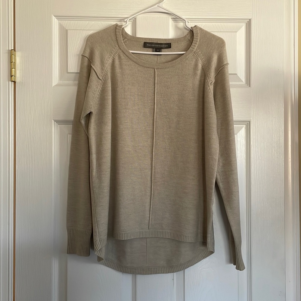 French Connection oversized high- low beige round neck sweater size s